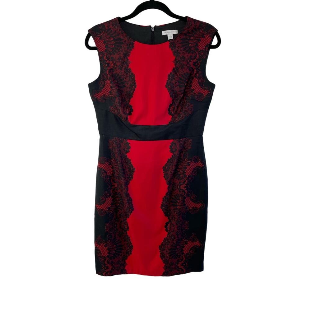 New York &‎ Company Lace Print Shift Dress Cap Sleeve Red Black Women's Size 4